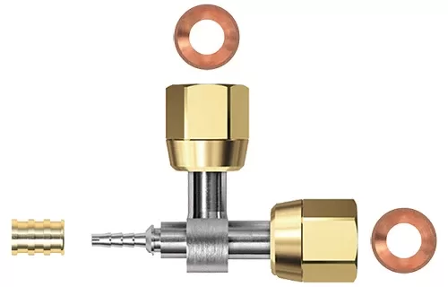 Gomax — “T” fitting with 2 female UNF thread at 90°